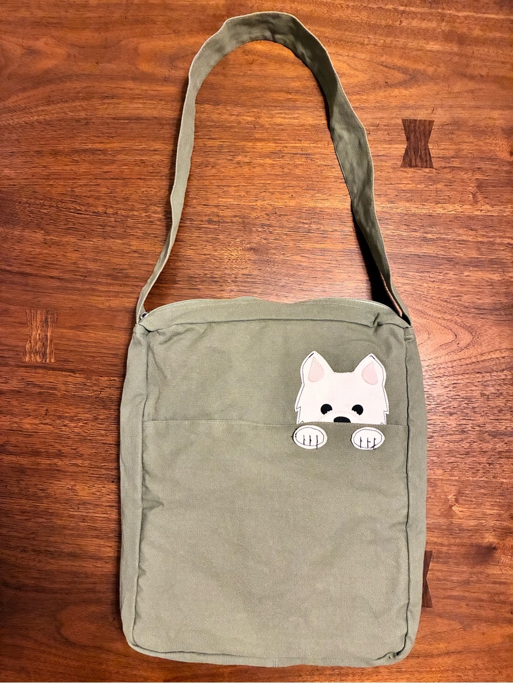 Olive Green Messenger Bag with White Dog Face